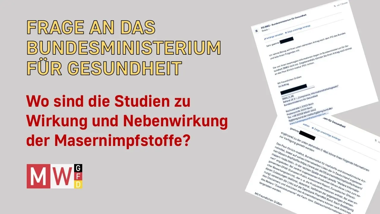 Cover image for Frage an das BMG: Wo sind die Studien zu Wirkung und Nebenwirkung der Masernimpfstoffe? - MWGFD